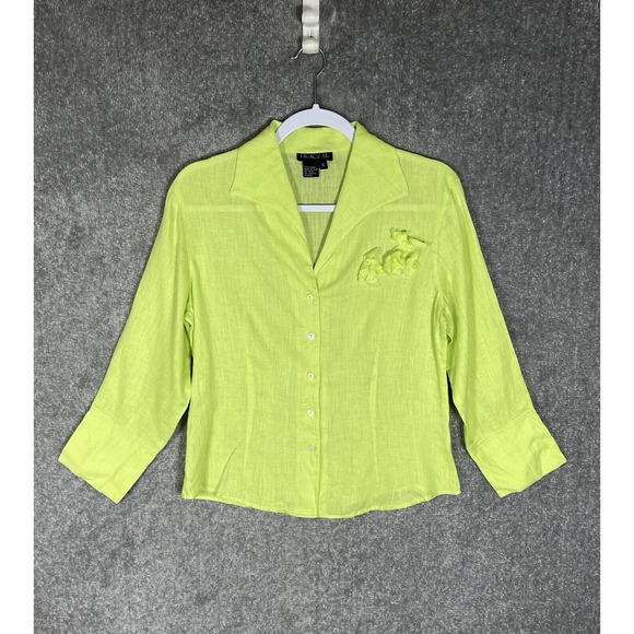 Tracy M Linen Button Up Top Blouse Womens Large Lime Green 3D Flower Long Sleeve - Picture 1 of 9